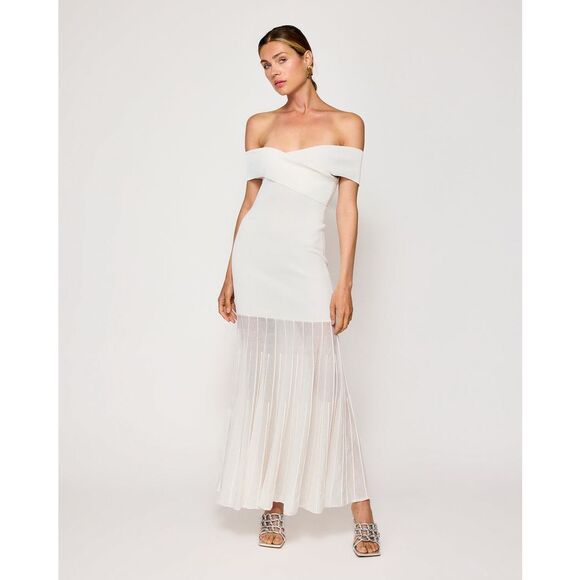 Line & Dot Off-Shoulder Cream Midi Dress - Picture 2 of 6